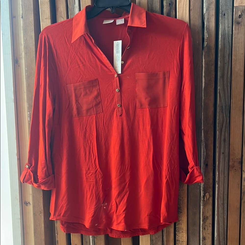 Chico's Red 3/4 Sleeve Polo Collar Blouse